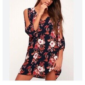 LuLus Shifting Dears Navy Floral Print Dress XS V-neckline Flared Cold shoulder
